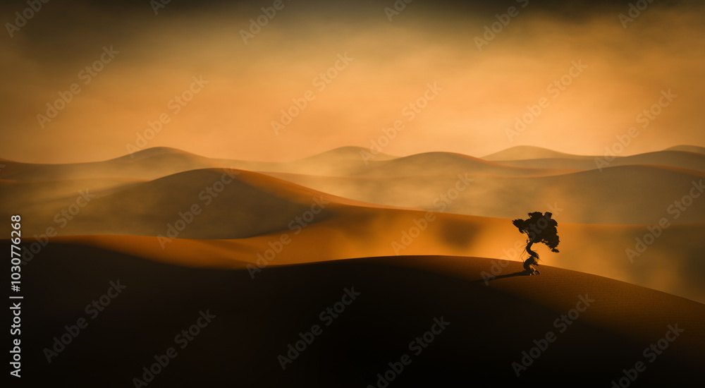 Sand dunes Sahara Desert at sunset and sandstorm, 3D illustration Sand dunes Sahara Desert at sunset and sandstorm, 3D illustration