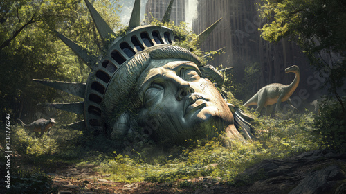The Partially Buried Head of the Statue of Liberty Lying in a Ruined Landscape
