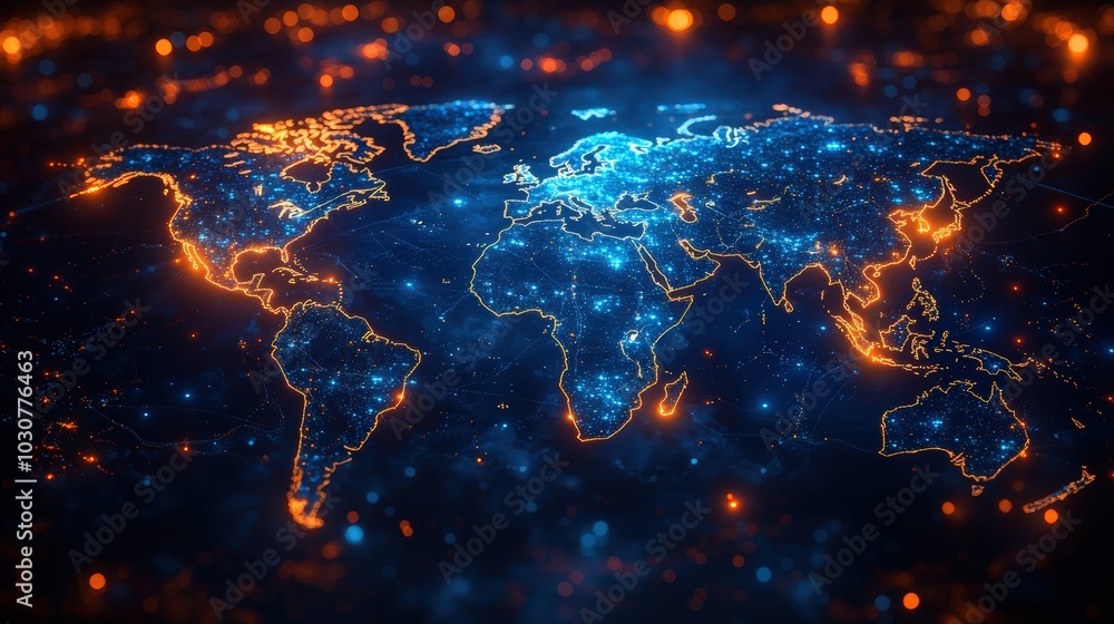 A digital world map visualizes AI-managed global supply chains, highlighting container ship routes for efficient international trade A digital world map visualizes AI-managed global supply chains, highlighting container ship routes for efficient international trade