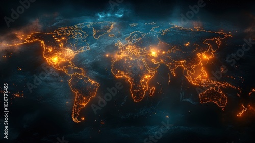 A digital world map visualizes AI-managed global supply chains, highlighting container ship routes for efficient international trade