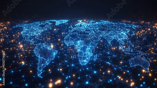 A digital world map visualizes AI-managed global supply chains, highlighting container ship routes for efficient international trade #1030776488