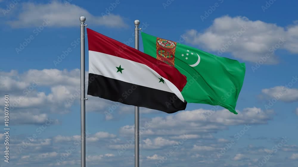 Turkmenistan and Syria flags flying together, video concept of the relationship, two country cooperation concept Turkmenistan and Syria flags flying together, video concept of the relationship, two country cooperation concept