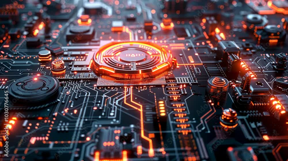 A close-up view of a circuit board with glowing orange lights, showing the intricate details of modern technology A close-up view of a circuit board with glowing orange lights, showing the intricate details of modern technology