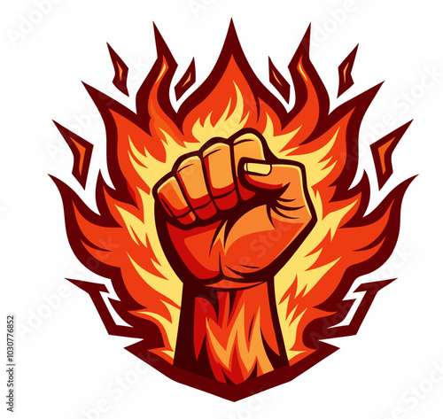 Vector illustration of a powerful raised clenched fist engulfed in red flames, symbolizing hand power and freedom, with a fiery fist icon.