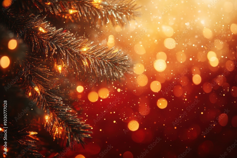 Fototapeta premium holiday greeting card, golden and silver lights, christmas tree on red backdrop elegant holiday digital card for merry xmas greetings ample space for text