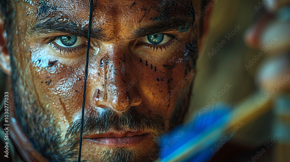 Intense Gaze of The Hunter A Portrait of a Warrior with Bow and Arrow Intense Gaze of The Hunter A Portrait of a Warrior with Bow and Arrow