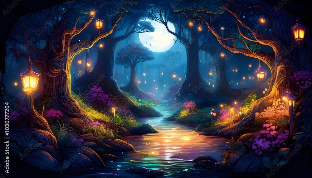 Magical fantasy fairy tale scenery night in a forest Magical fantasy fairy tale scenery night in a forest