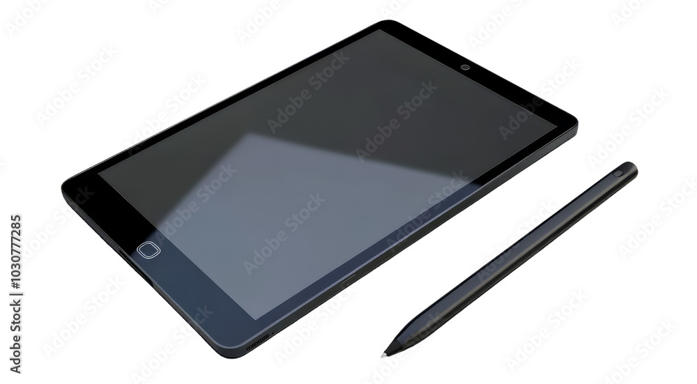 Sleek Black Digital Tablet with Stylus Pen on Transparent Background Sleek Black Digital Tablet with Stylus Pen on Transparent Background