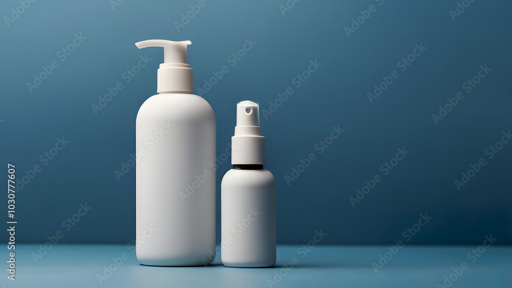 Bottles two white dispensers for cosmetic products on a blue background body and face care Bottles two white dispensers for cosmetic products on a blue background body and face care