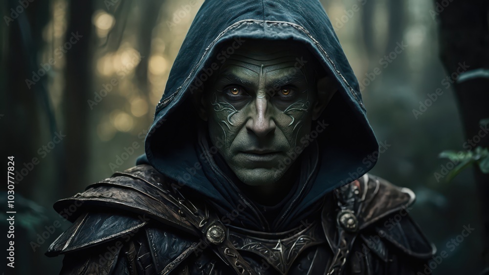 a dark elf in armor and a hood, with a tattoo on his face. a dark elf in armor and a hood, with a tattoo on his face.