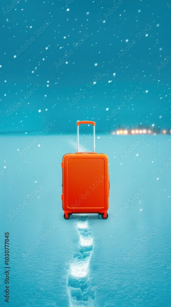 Obraz premium A suitcase standing in the snow near a glowing lamppost, with holiday lights twinkling nearby and a winter sunset in the background