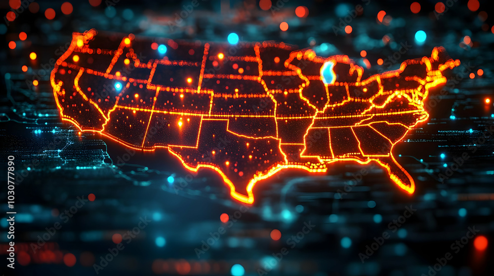 Digital representation of the United States with glowing connections. Digital representation of the United States with glowing connections.