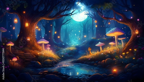 Magical fantasy fairy tale scenery night in a forest