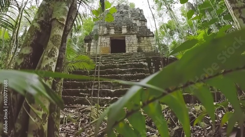 Stone Structure with Steps Partially Hidden by Lush Green Foliage photo