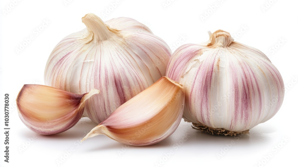 Obraz premium Fresh garlic bulbs and cloves arranged on a white background, showing their natural texture and colour.