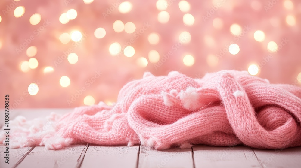 Cozy pink blanket on rustic wooden floor, touch of warmth and texture Cozy pink blanket on rustic wooden floor, touch of warmth and texture