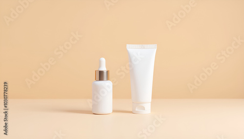 Minimalistic skincare products with a serum bottle and a cream tube on a peach background