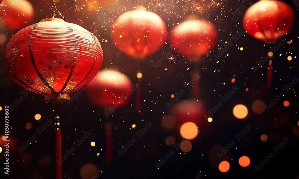 Chinese New Year A bunch of red lanterns hanging from the ceiling. The lanterns are lit up and are creating a warm and inviting atmosphere Chinese New Year A bunch of red lanterns hanging from the ceiling. The lanterns are lit up and are creating a warm and inviting atmosphere