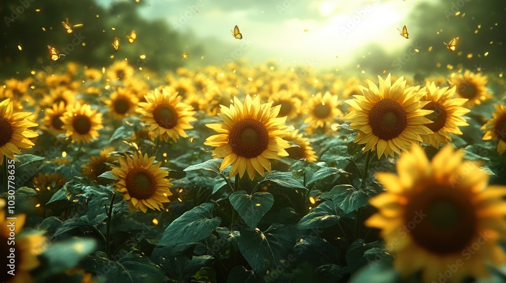 Sunflowers Field with Butterflies in Summer Landscape Sunflowers Field with Butterflies in Summer Landscape
