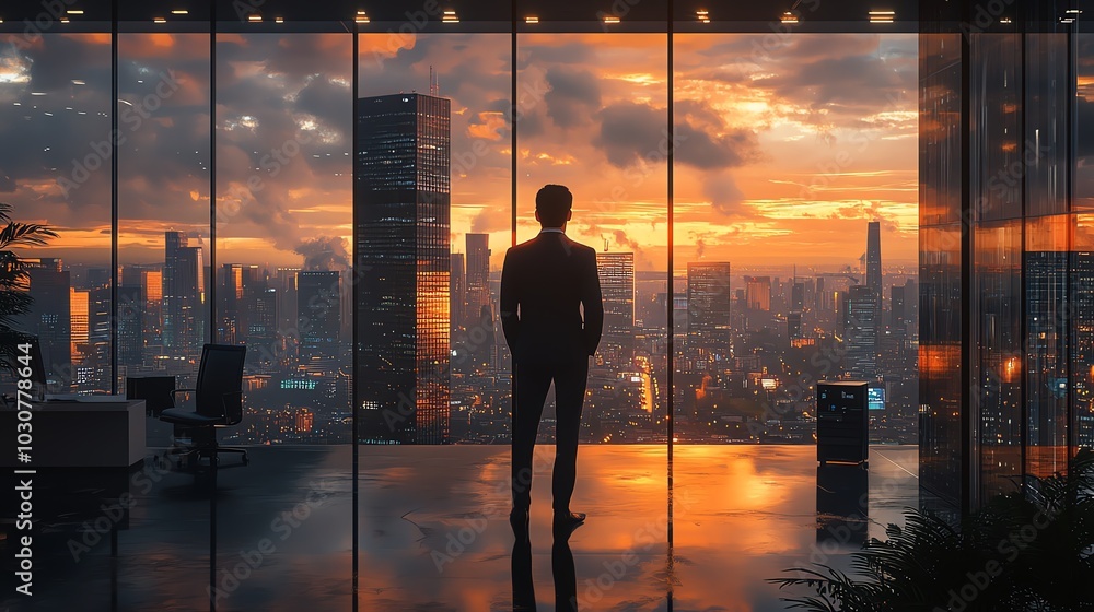 Businessman looking out at a city skyline during sunset. Businessman looking out at a city skyline during sunset.