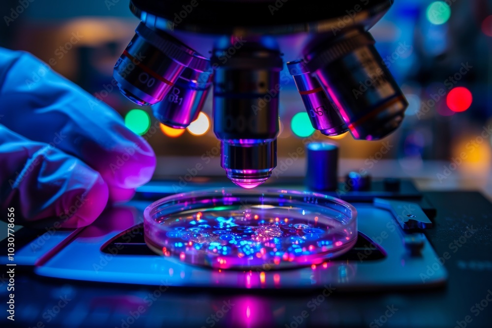Lab research: scientist examining colorful cells under microscope Lab research: scientist examining colorful cells under microscope
