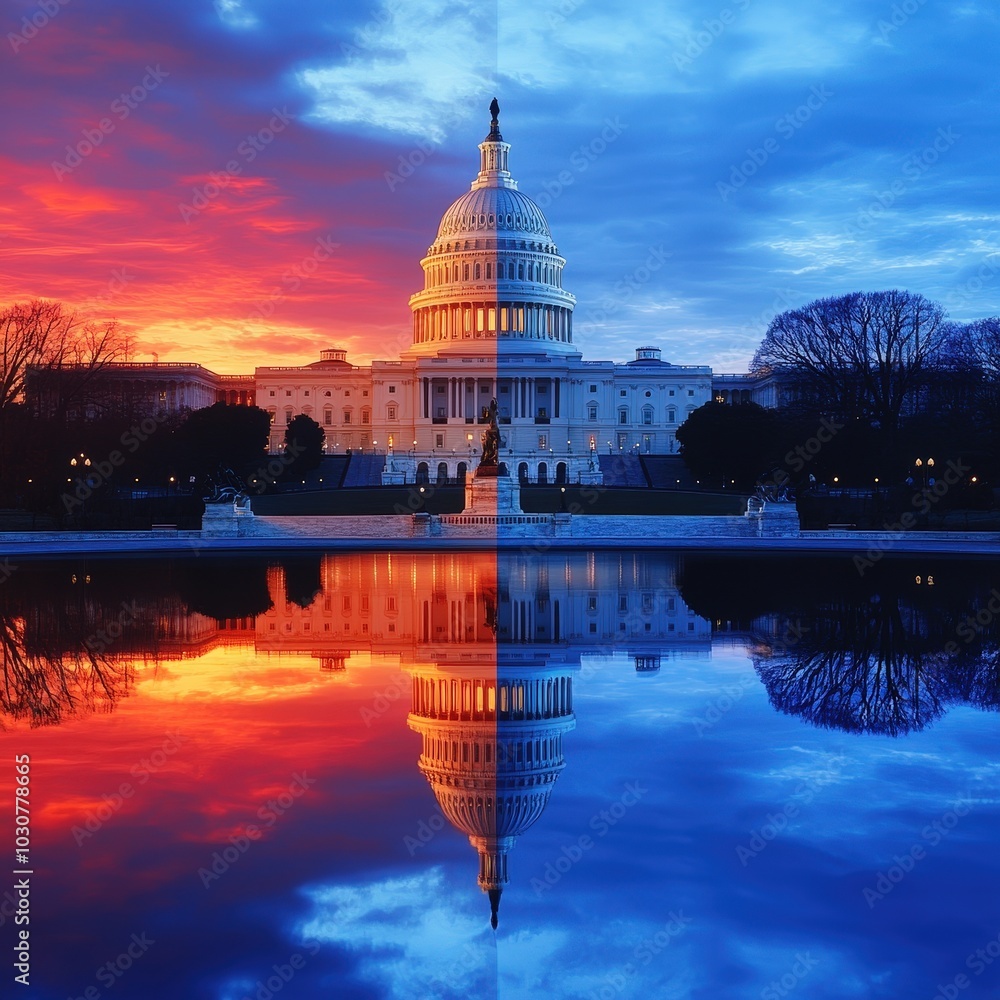 Obraz premium US Capitol Building Divided by Red and Blue Sunset Reflection