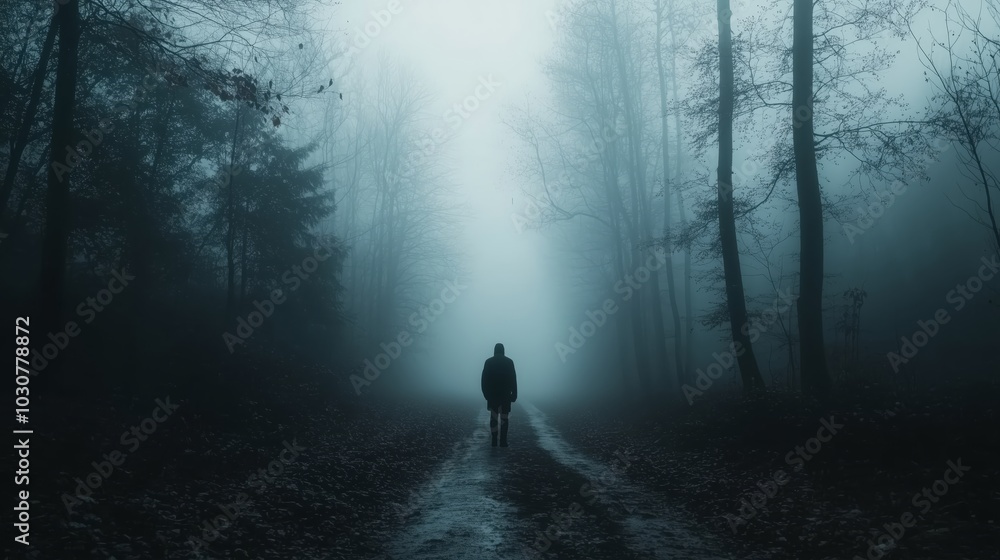 Person Walking in a Foggy Forest Landscape Person Walking in a Foggy Forest Landscape