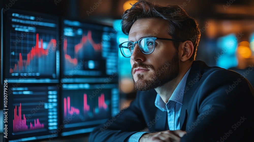 Professional man analyzing data on multiple screens. Professional man analyzing data on multiple screens.