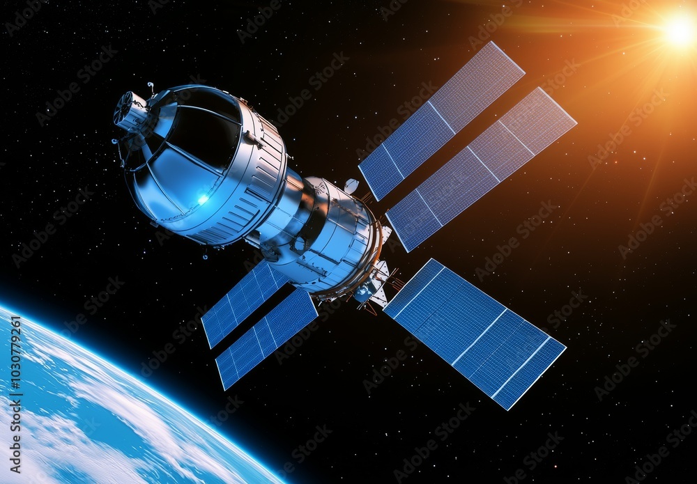 Satellite in Space with Earth's Horizon and Glowing Solar Panels Satellite in Space with Earth's Horizon and Glowing Solar Panels