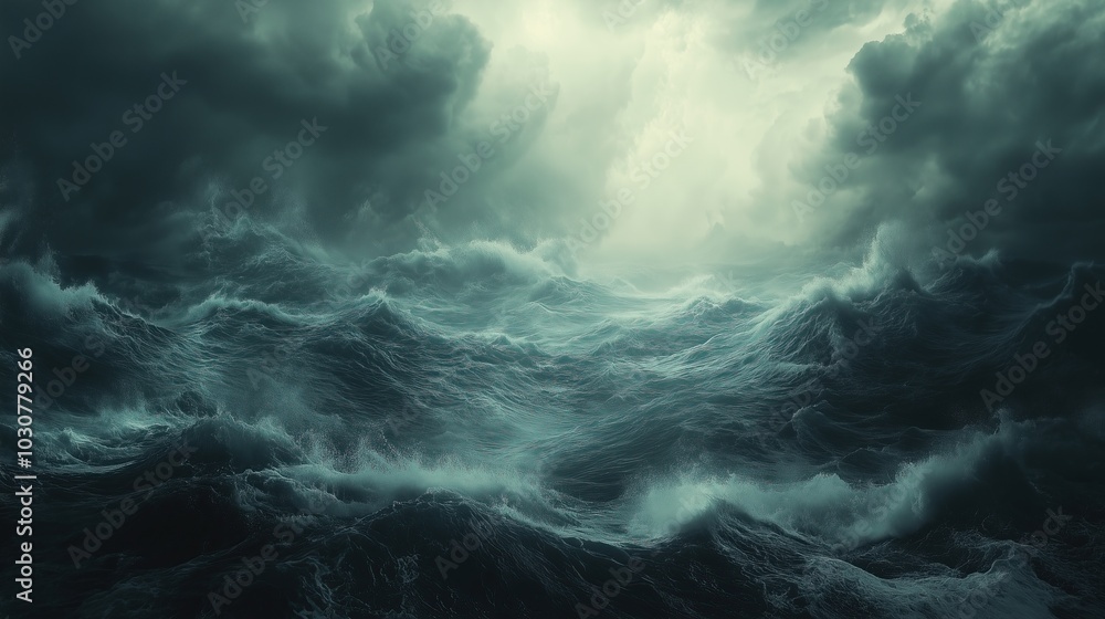 Dramatic ocean scene featuring dark, stormy clouds above turbulent waters Dramatic ocean scene featuring dark, stormy clouds above turbulent waters