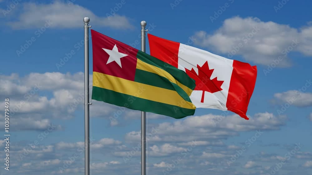 Canada and Togo flags flying together, video concept of the relationship, two country cooperation concept Canada and Togo flags flying together, video concept of the relationship, two country cooperation concept