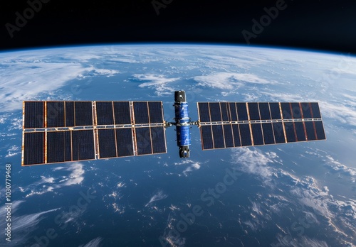 Satellite in Orbit Above Earth with Solar Panels and Blue Accents photo