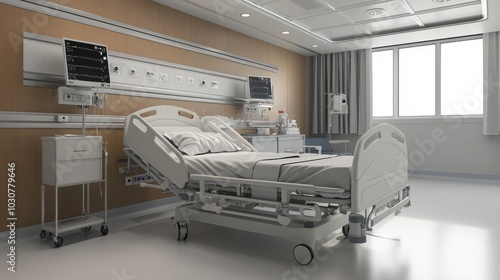 Patient hospital ward blur background, medical blurry interior white room ward with with bed nursing care or clinical healthcare recovery treatment space