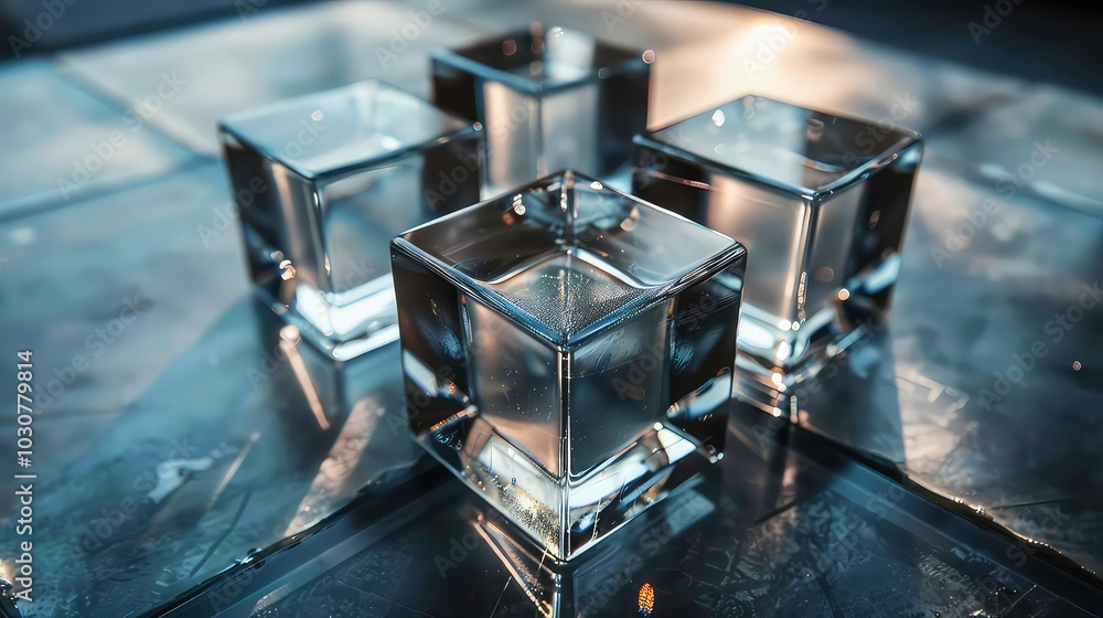 A close-up shot of four clear, crystalline cubes arranged on a reflective surface. A close-up shot of four clear, crystalline cubes arranged on a reflective surface.