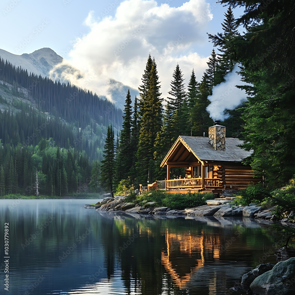 Fototapeta premium A small cottage in the woods, by a peaceful lake, surrounded by silence and the golden light of the sunset. A perfect escape from the world, a place for inner harmony and peace.