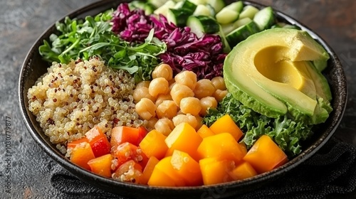 Colorful Vegan Quinoa Bowl with Fresh Avocado and Vegetables