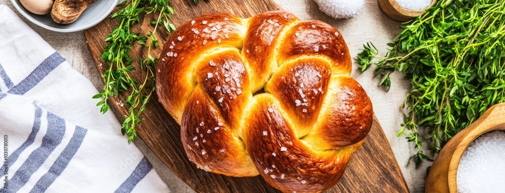 Freshly baked brioche bread with a braided top on a rustic table, showcasing golden textures and sprinkled herbs Freshly baked brioche bread with a braided top on a rustic table, showcasing golden textures and sprinkled herbs