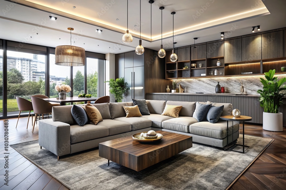Modern Luxury Living Room with Open Kitchen - Elegant Design and Spacious Layout for Contemporary Homes Modern Luxury Living Room with Open Kitchen - Elegant Design and Spacious Layout for Contemporary Homes