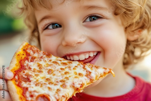 Happy child enjoying a slice of cheesy pizza outdoors in bright sunlight on a cheerful day