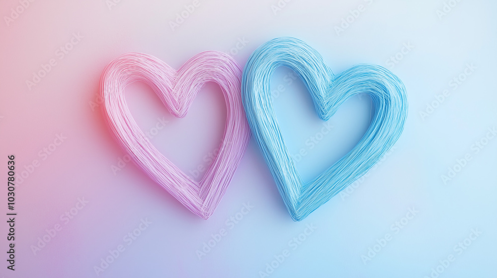 Pink and blue intertwined hearts drawn with a single line on a pastel background Pink and blue intertwined hearts drawn with a single line on a pastel background
