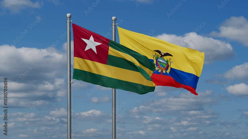 Ecuador and Togo flags flying together, video concept of the relationship, two country relations concept Ecuador and Togo flags flying together, video concept of the relationship, two country relations concept