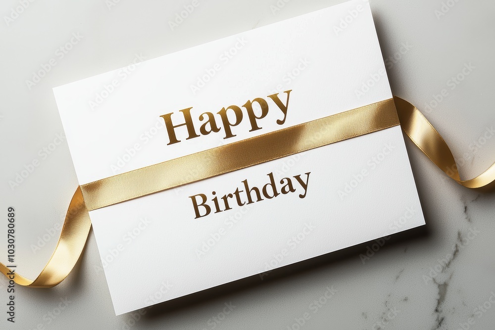 Modern Minimalist Happy Birthday Card with Elegant Gold Ribbon Design Modern Minimalist Happy Birthday Card with Elegant Gold Ribbon Design