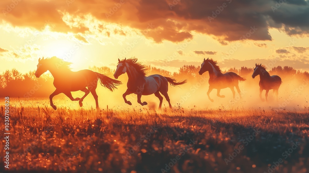Majestic Horses Running in Open Plain at Sunset Majestic Horses Running in Open Plain at Sunset