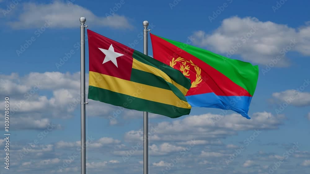 Eritrea and Togo flags flying together, video concept of the relationship, two country cooperation concept Eritrea and Togo flags flying together, video concept of the relationship, two country cooperation concept