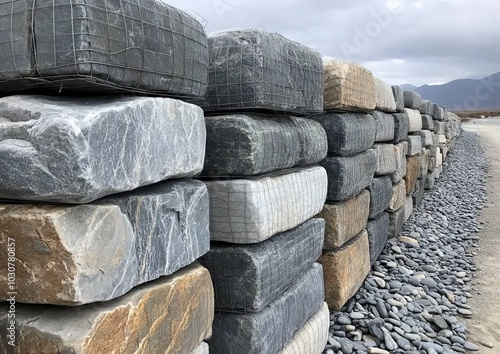 Industrial-style stone wall with large gray rocks photo