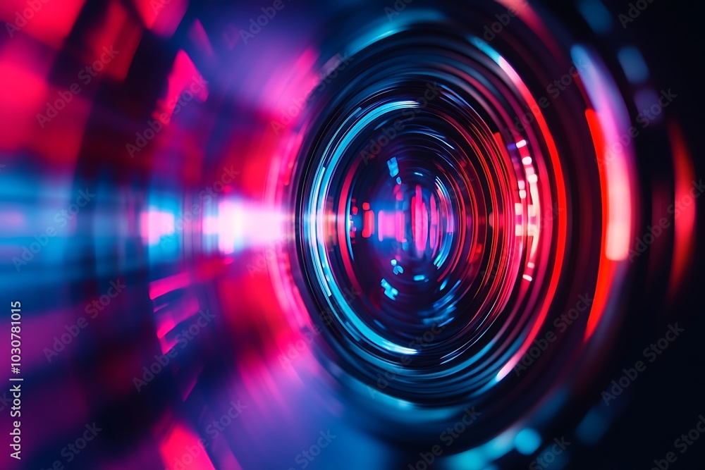 Obraz premium Blue and Red Camera Lens Abstract with Circular Blur