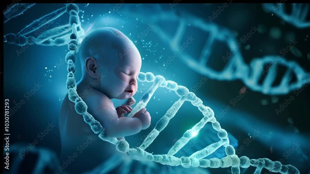 A futuristic baby surrounded by a DNA helix, symbolizing the connection between technology and human evolution, with a focus on genetics and innovation