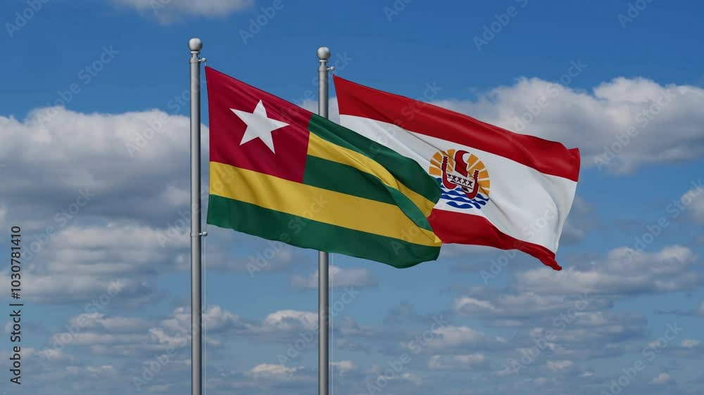 French Polynesia and Togo flags flying together, video concept of the relationship, two country relations concept French Polynesia and Togo flags flying together, video concept of the relationship, two country relations concept