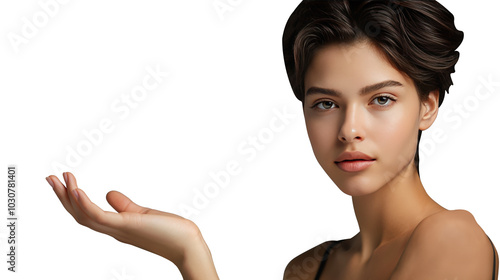 Model Extending One Hand Left for Product Placement on Transparent Background