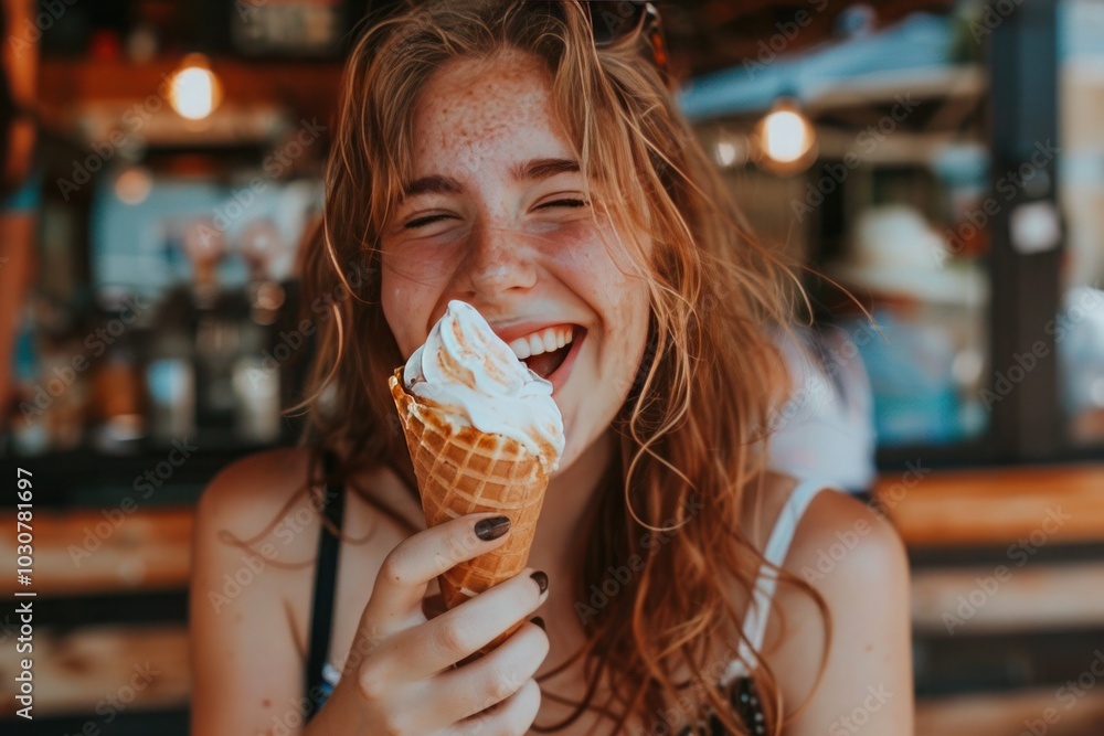 Excited teenage girl indulging in a cookies and cream ice cream cone Excited teenage girl indulging in a cookies and cream ice cream cone